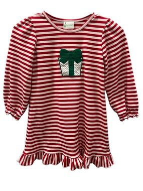 Zuccini Kids Red & White Striped Holiday Dress with Green Present Applique